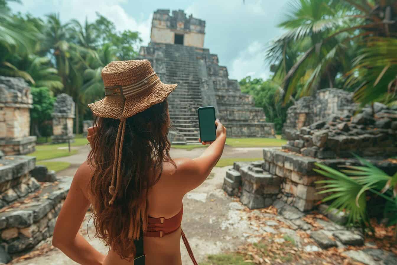 Tourist taking a selfie in front of Mayan ruins in one of the top Cozumel selfie spots