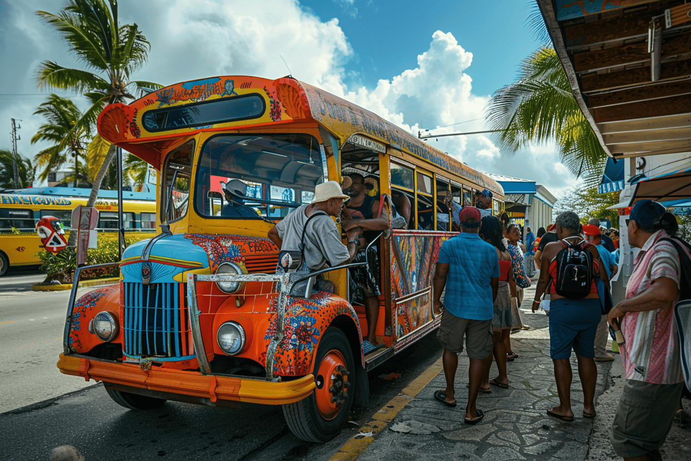 Tourists boarding a Jitney bus in Nassau Bahamas.