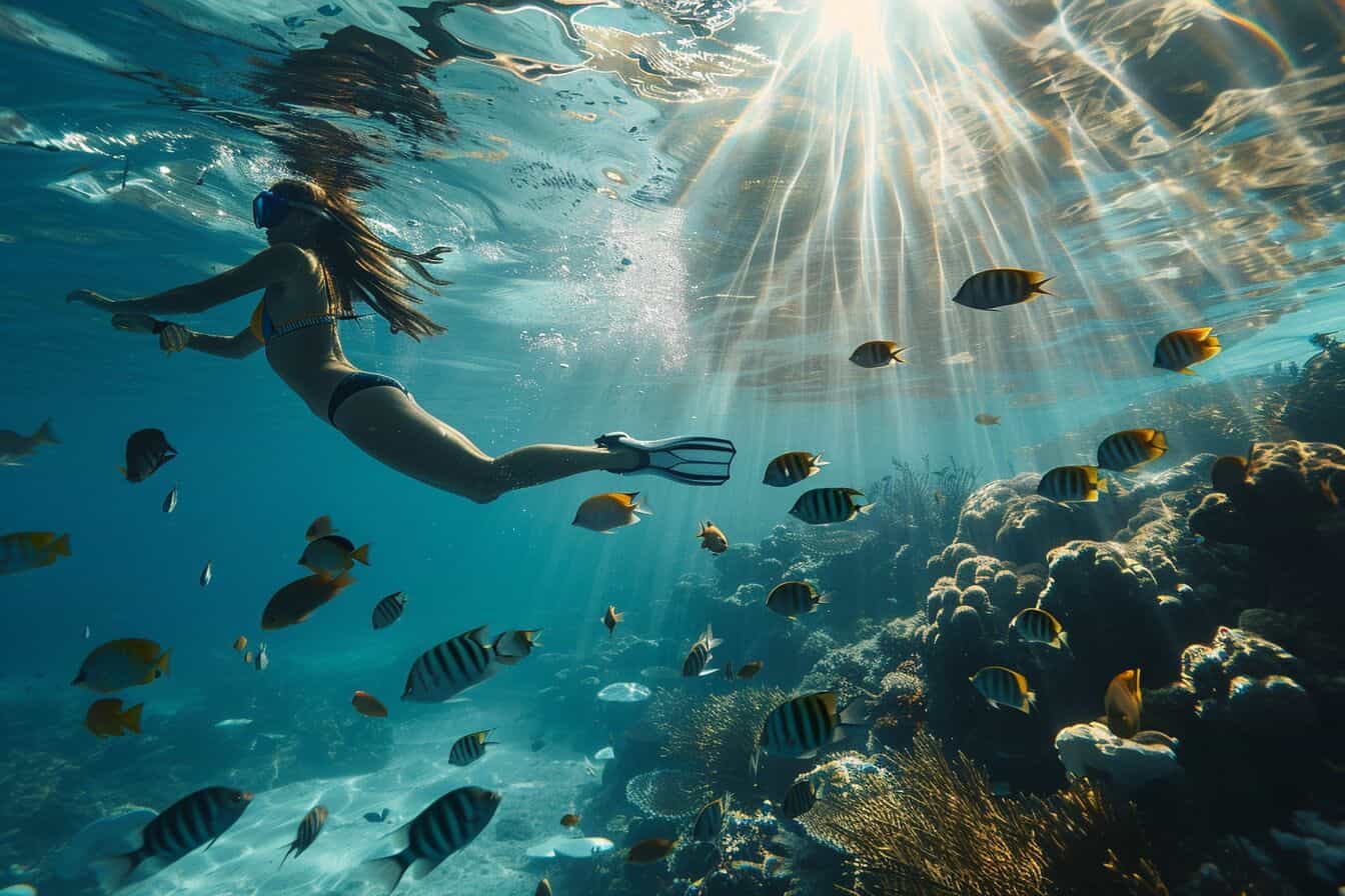 Underwater shot of a snorkeler encountering a school of fish.