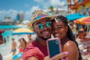 Young couple taking a selfie at the vibrant Junkanoo beach.