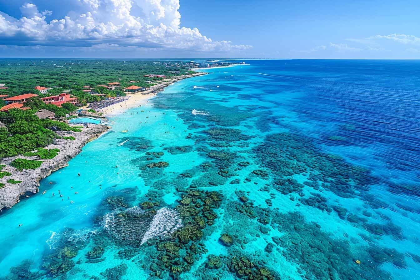 Aerial view of Cozumels coastline.