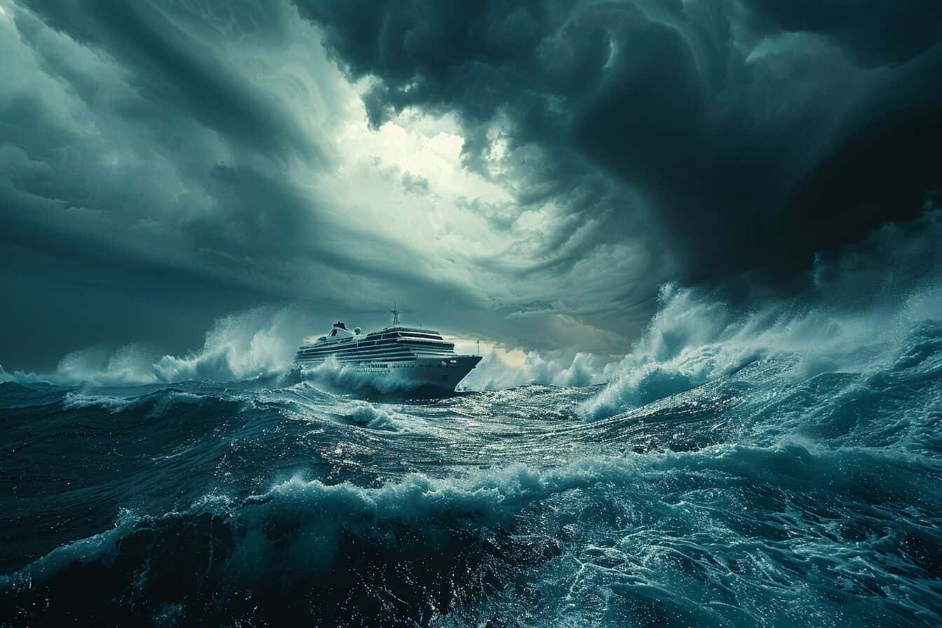 A cruise ship sailing the ocean in rough seas.