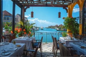 Elegant outdoor seating at a popular Nassau restaurant.