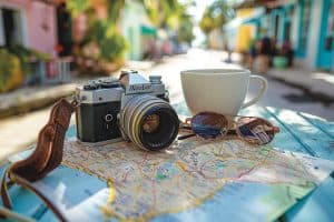 Map of Nassau Bahamas, and camera sitting on a table.