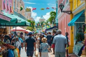 Vibrant street scene in Downtown Nassau Bahamas.